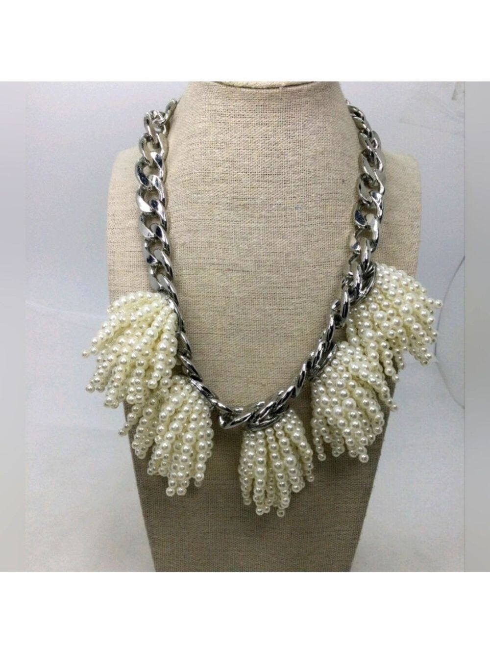 Banana Republic Faux Pearl Fringe Statement Necklace 16" EUC